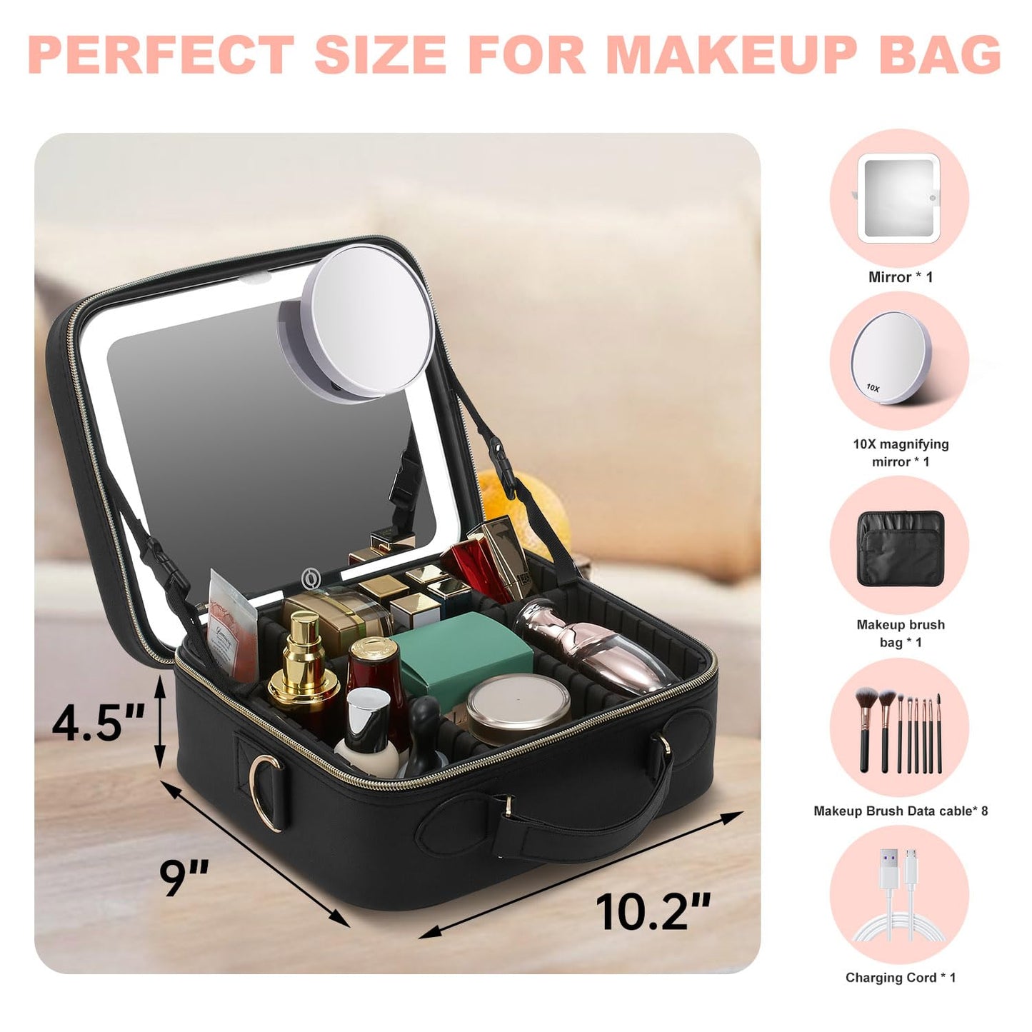 Mocado Travel Makeup Bag with LED Lighted Mirror,Travel Makeup Organizer,Makeup Case with 8 Makeup Brushes and 10x Magnifying Mirror,3 Colors Lighting, Adjustable Dividers Makeup Box(Black)
