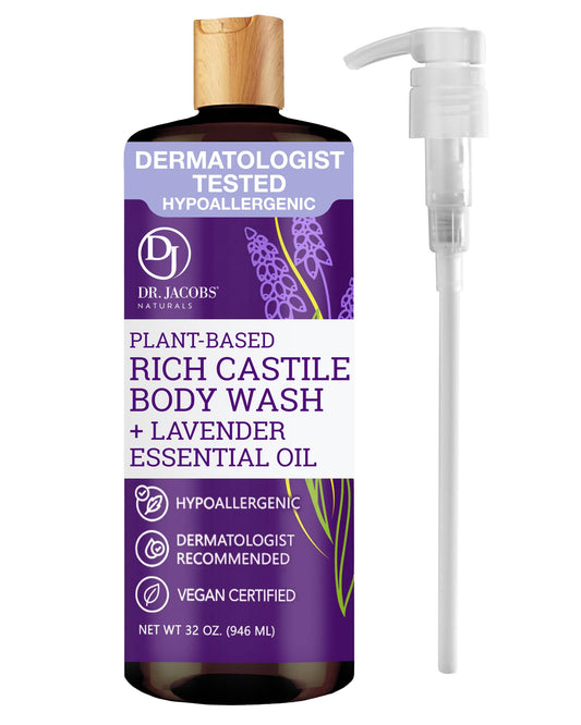 Dr. Jacobs Naturals Castile Lavender All-Natural Body Wash for Moisturizing Dry and Sensitive Skin with Plant-Based Ingredients with Pump - 32 Ounce