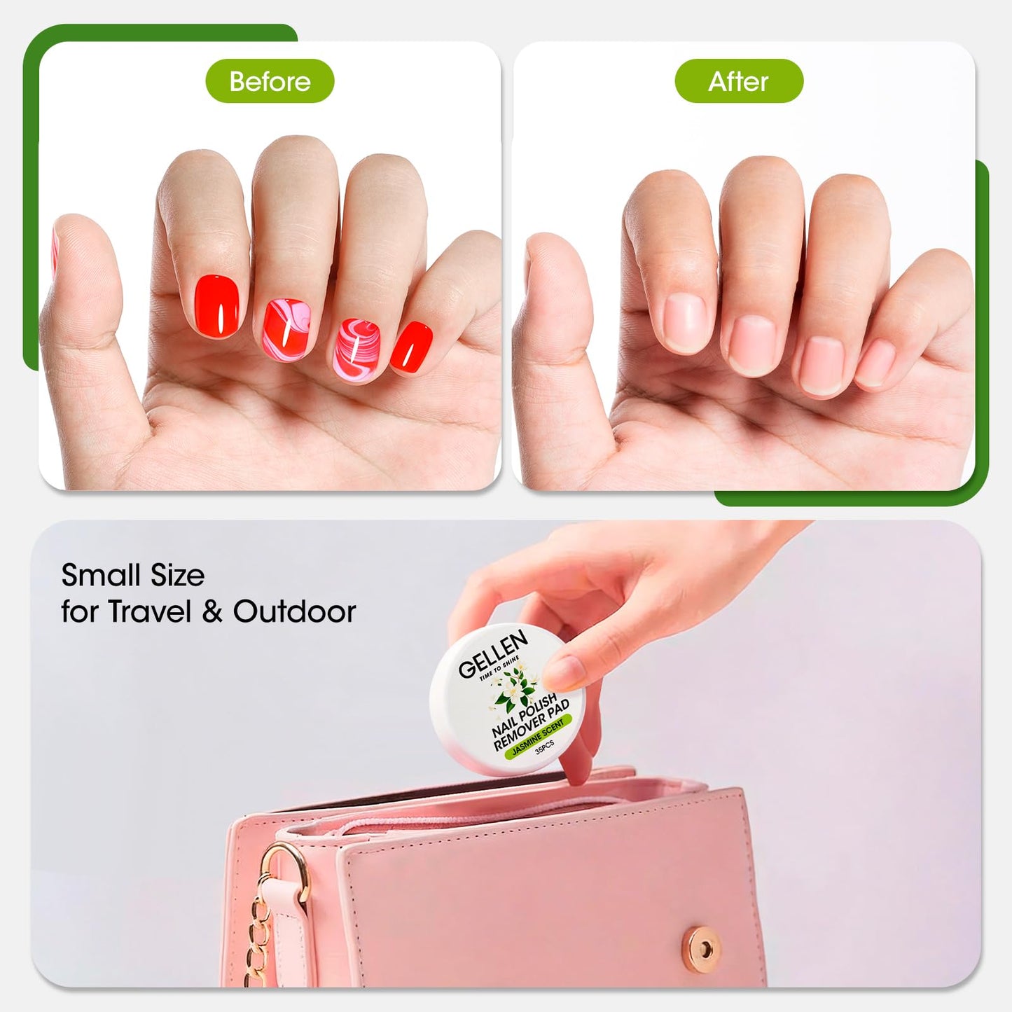 Gellen Nail Polish Remover Pads, Perfect for Travel, Outdoor | Non-Acetone, Jojoba & Vitamin E | 140pcs Jasmine Scent Wipes For Finger Toe Nails, No Leakage, Looks Dry But Works, Not for Gel Polish