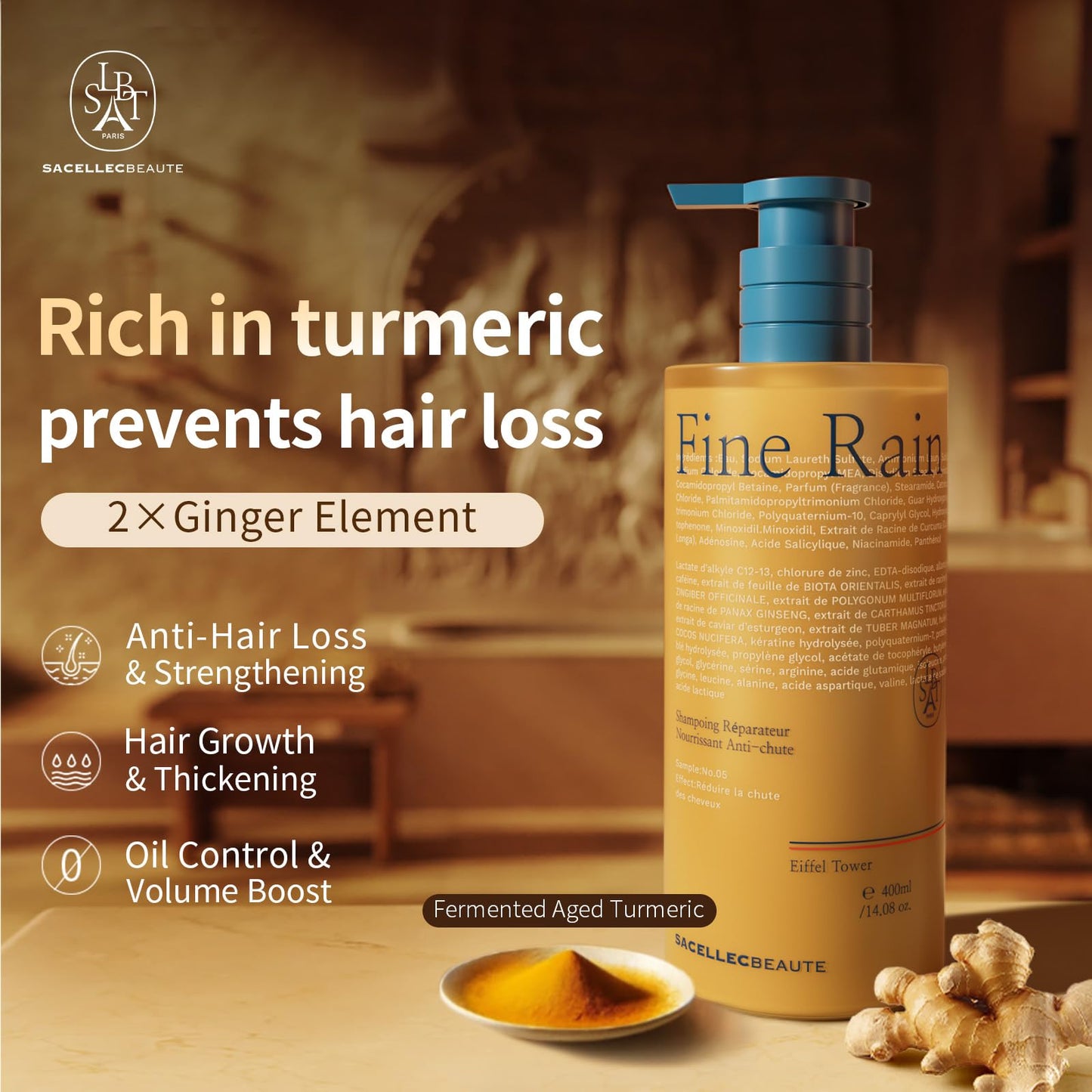 SACELLEC BEAUTE Hair Growth Shampoo 14 oz - For Thinning Hair & Volumizing - Plant-Based with Turmeric, Caffeine & Fo-Ti - Controls Oil, Soothes Scalp - Men & Women