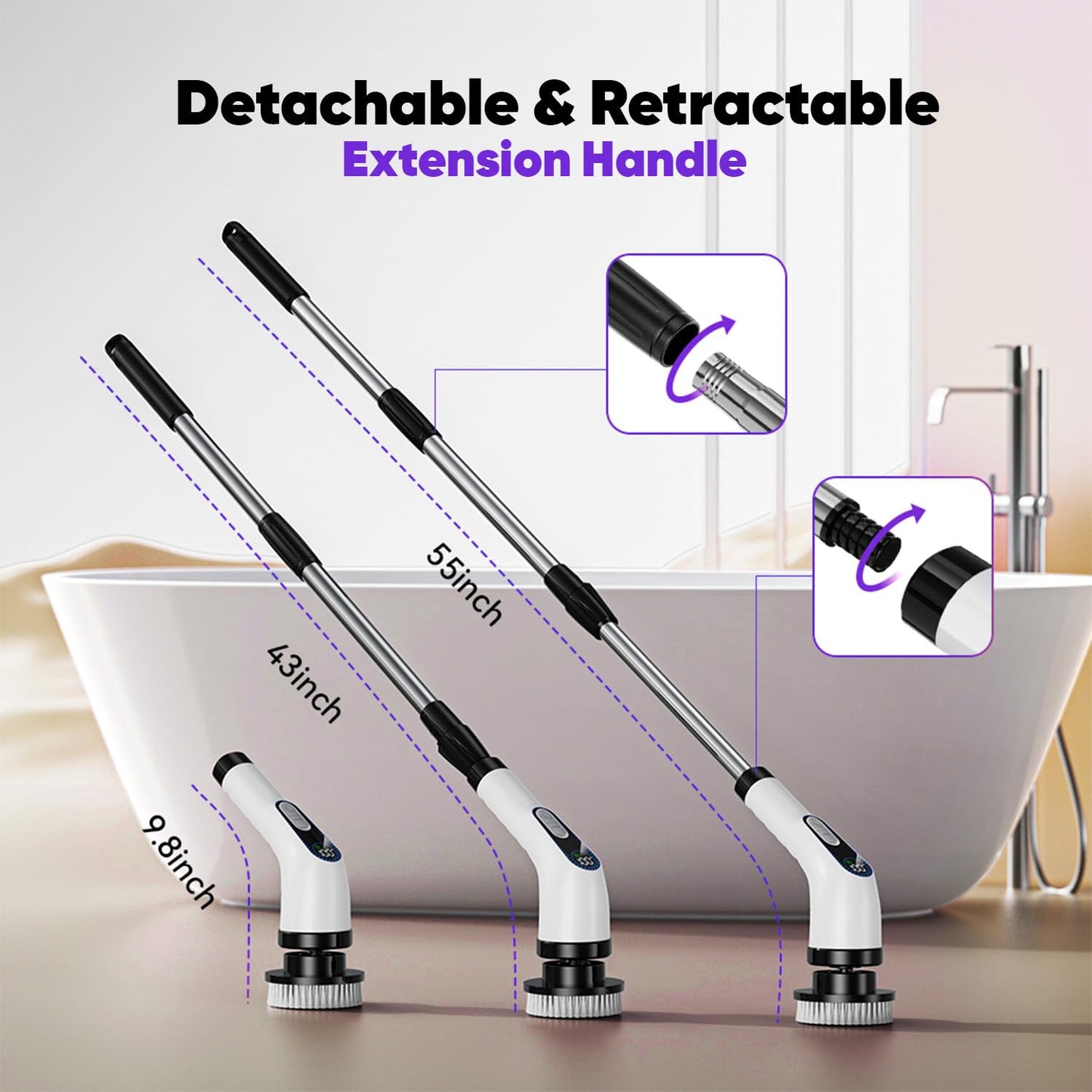 848 Store Electric Spin Scrubber Cordless – Powerful Bathroom Cleaning Brush with Long Handle, 2 Speeds, 3000mAh Rechargeable, 7 Brush Heads, Wall Hanger & Crevice Tools – Shower, Tub & Tile Cleaner