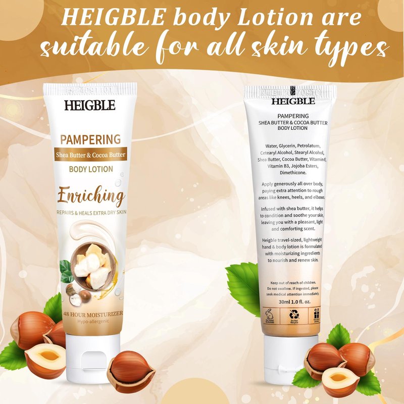Heigble 50 Pack Travel Size Body Lotion 1 oz Body Lotion Dry Skin Moisturizer with Flip Cap for Extra Dry Skin, Hotels, Airlines, Offices, Gyms(Butter and Cocoa Butter)