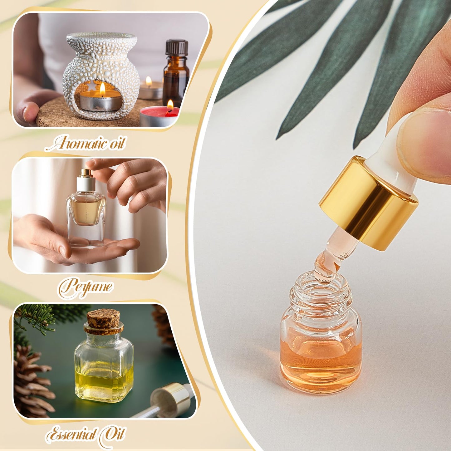 Didaey 200 Pcs 1/2/3/5/10/15 ml Mini Glass Oil Dropper Bottle Bulk, Clear Essential Small Empty Bottles Sample Containers Perfume Liquid Vials with Cap for Traveling (1 ml,Champagne Gold)
