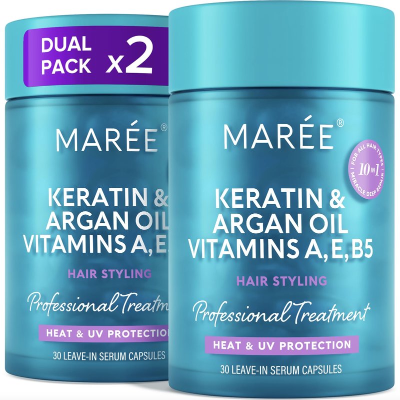 MAREE Hair Serum for Frizzy Dry Hair 2 PACK – Styling Capsules with Keratin, Argan Oil, Vitamins A E B5 – UV & Heat Protectant Frizz Control Serum for Women – Aceite Para el Cabello
