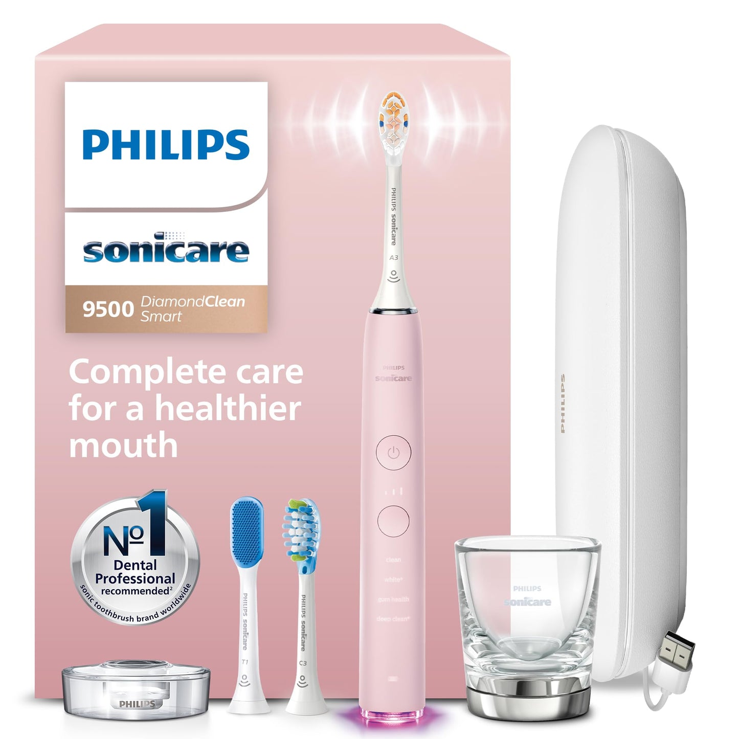Philips Sonicare DiamondClean Smart 9500 Electric Toothbrush - Sonic Toothbrush with App, Pressure Sensor, 15 Brushing Settings, Replacement Reminder, USB Charging Travel Case, Pink, Model HX9923/21