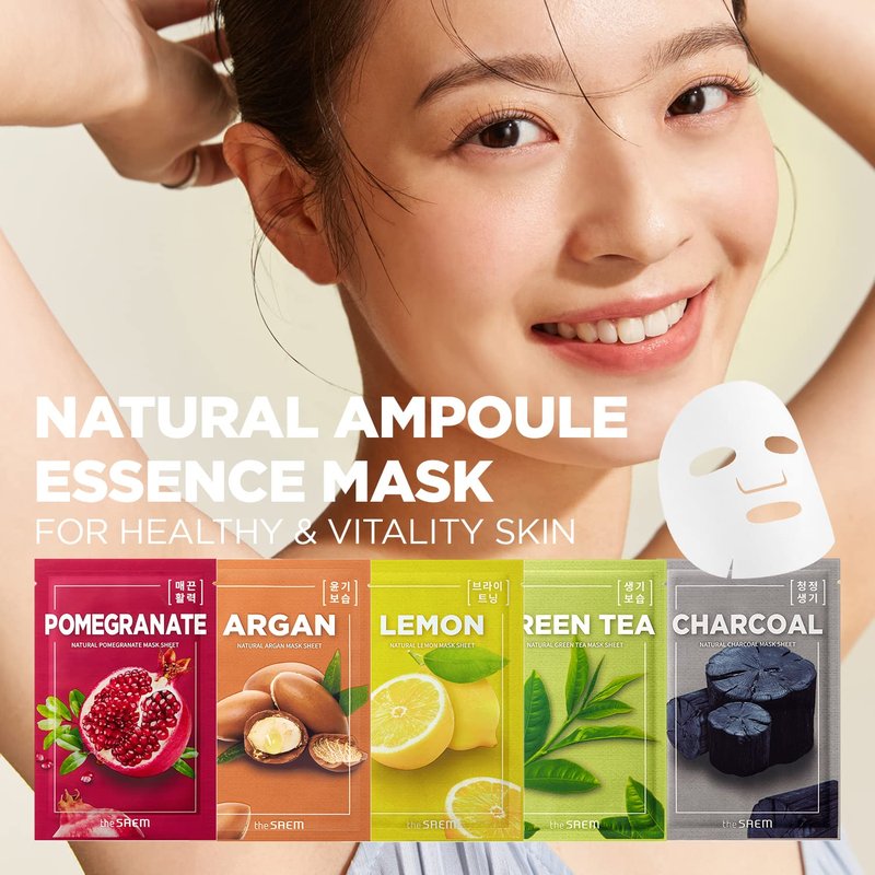 THESAEM Natural Sheet Mask Pack Set 20 Sheets - Korean Face Mask Variety Pack - Moisturizing, Revitalizing, Soothing, Elasticity - Vegan Sheet Essence Masks for All Skin Types