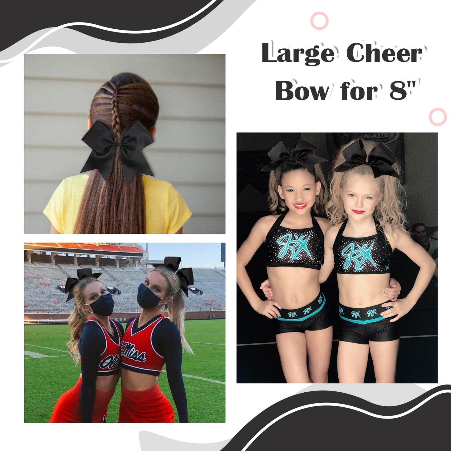 CN 30PCS 8" Large Cheer Bows, Cheerleading Bows Ponytail Holder for Girls, Grosgrain Ribbon Black Cheer Hair Bows with Elastic Hair Tie for Cheerleader College Sports Softball Competition