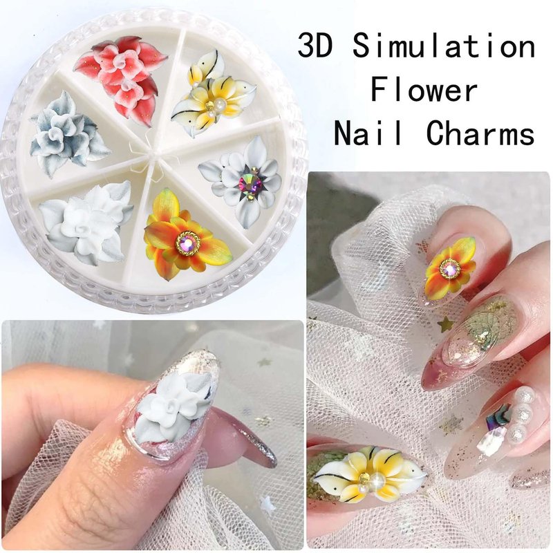 WOKOTO 12 Pcs 3D Flower Nail Charms - Embossed Acrylic Nail Art Gems | Simulation Floral Design