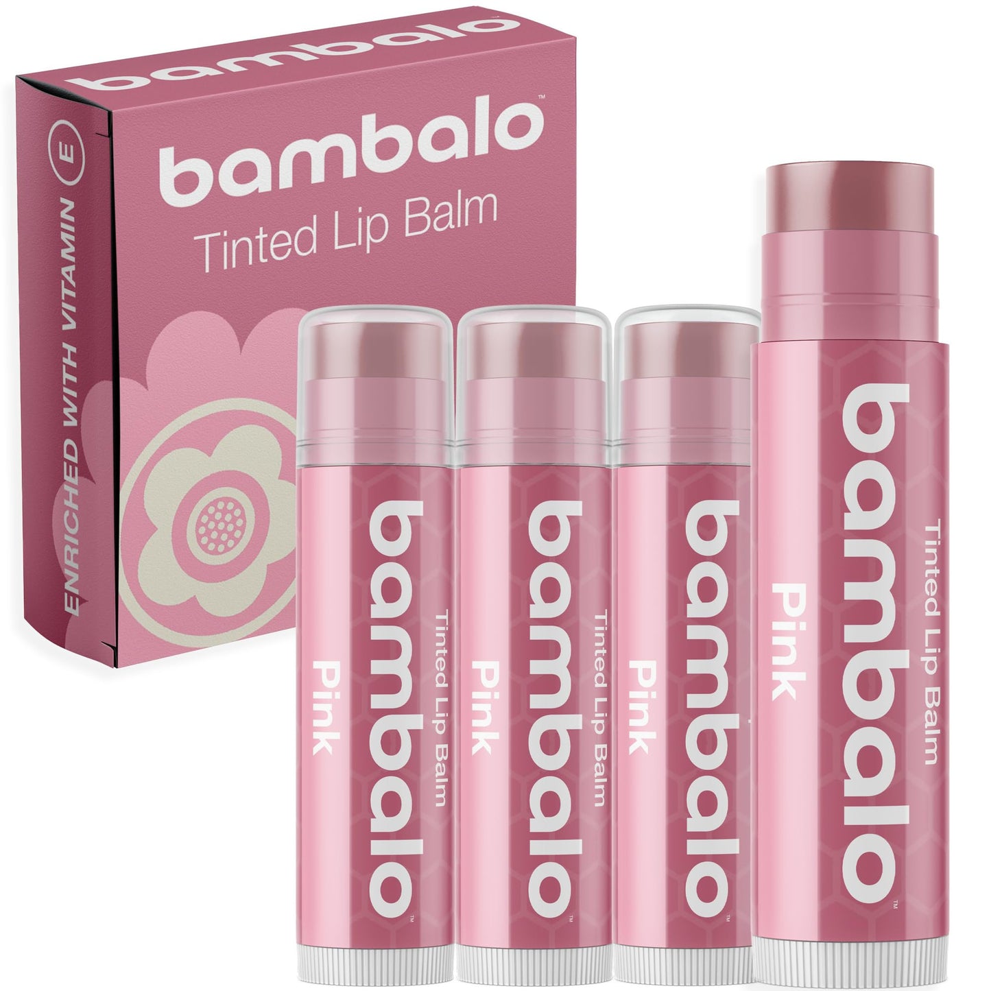 Tinted Lip Balm Pink - Bambalo 4-Pack Hydrating Moisturizing Care - Soft Rosy Tint - Natural Organic Formula - Everyday Wear, Smooth Color - Made in USA