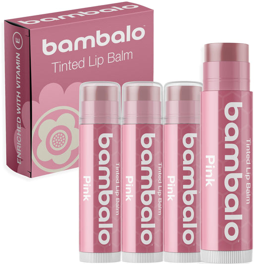 Tinted Lip Balm Pink - Bambalo 4-Pack Hydrating Moisturizing Care - Soft Rosy Tint - Natural Organic Formula - Everyday Wear, Smooth Color - Made in USA