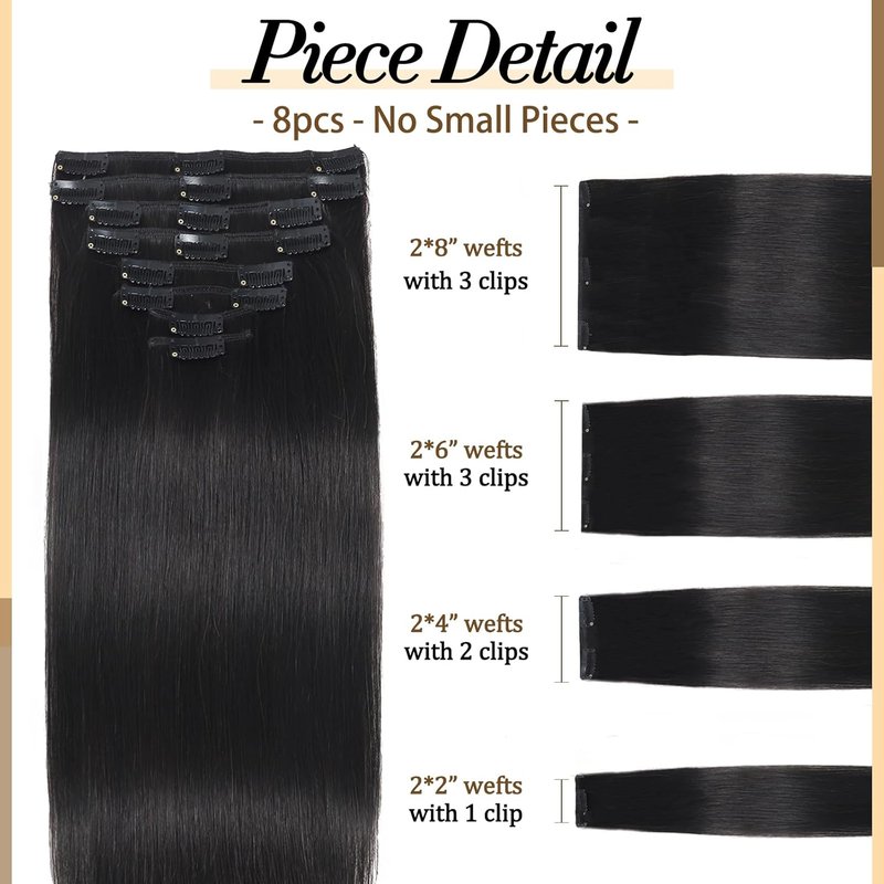 Real Human Hair Clip-In Extensions - 16 Inch Balayage Seamless Remy Hair | 90g Jet Black 8Pcs Double Weft