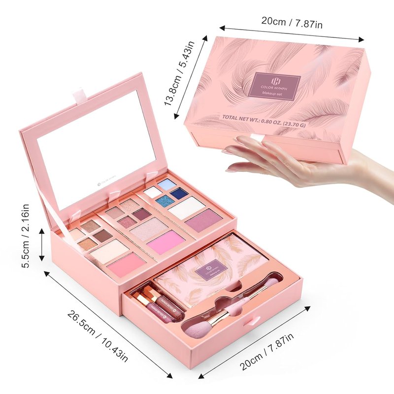 Small Makeup Palette Set - 12 Colors Eyeshadow, Blush, Highlighter & Lip Gloss | Travel-Friendly Gift Set for Women & Girls - Pink