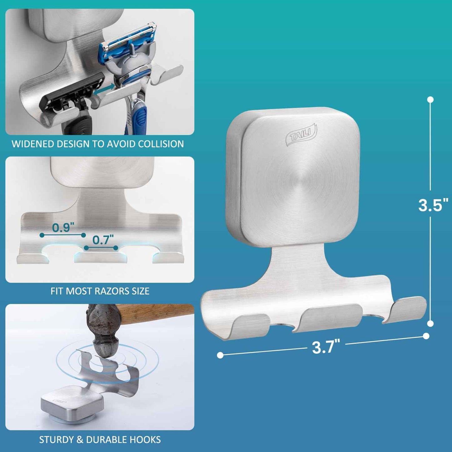 TAILI Powerful Suction Cup Razor Holder 2 Pack, Stylish 304 Stainless Steel Bathroom Suction Hooks for Towel, Loofah, Bathrobe, Shaver Holder for Shower Wall, Easy to Install and Reuse, Silver