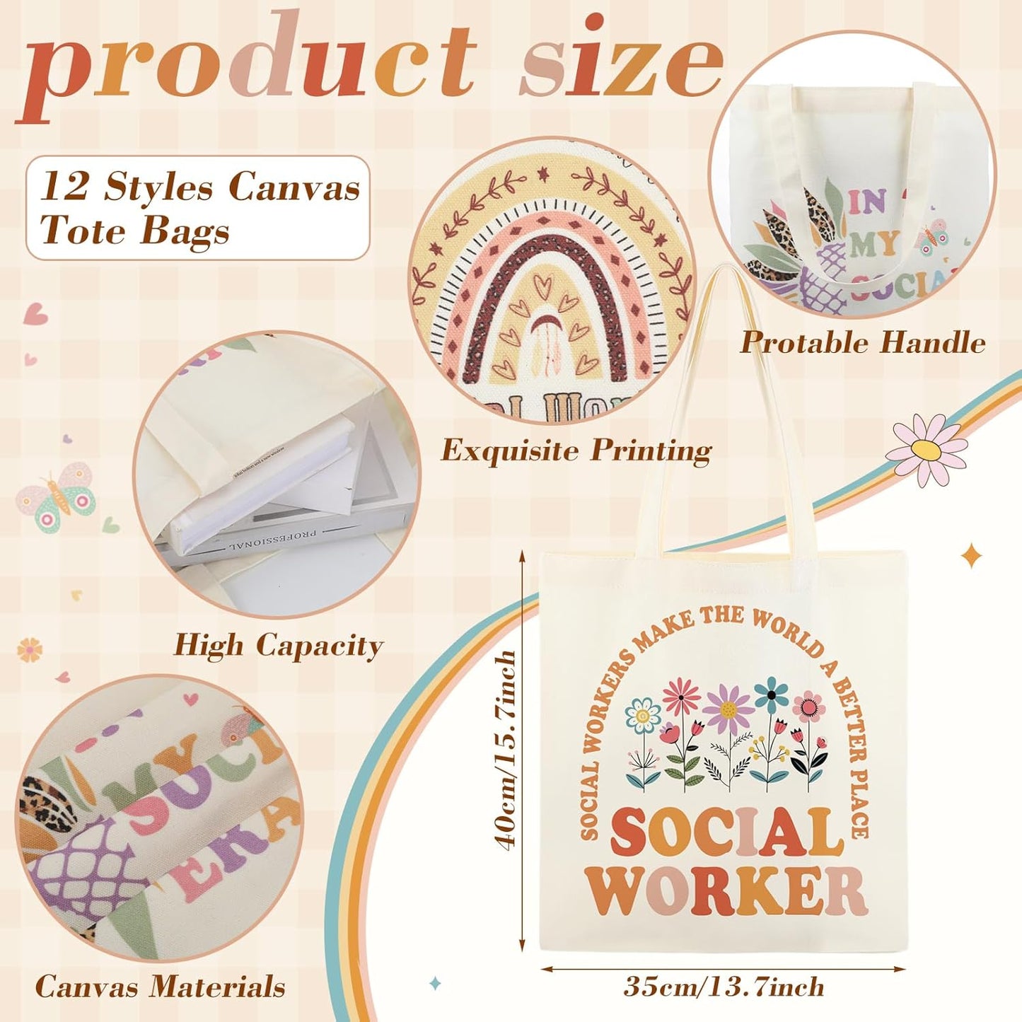 Social Worker Gifts - 24 Pcs Canvas Tote & Zip Makeup Bags | Appreciation Gifts for BSW, MSW, DSW, LCSW