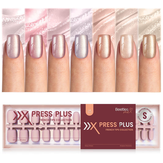 Beetles X Press Cat Eye Nails - 7 Colors Nude Short Square Press On Nails | 16 Sizes 224 Pcs Natural Salon Quality Glitter Chasing Light Cateye Nails For Women
