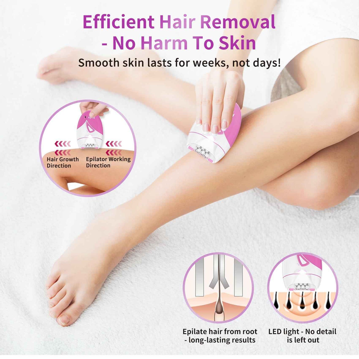 Epilator for Women, Smooth Glide Facial Hair Remover with 2 Speed & LED Light, Rechargeable Cordless Electric Epilator for Face, Bikini, Underarms, Arms, and Legs, Painless & Portable