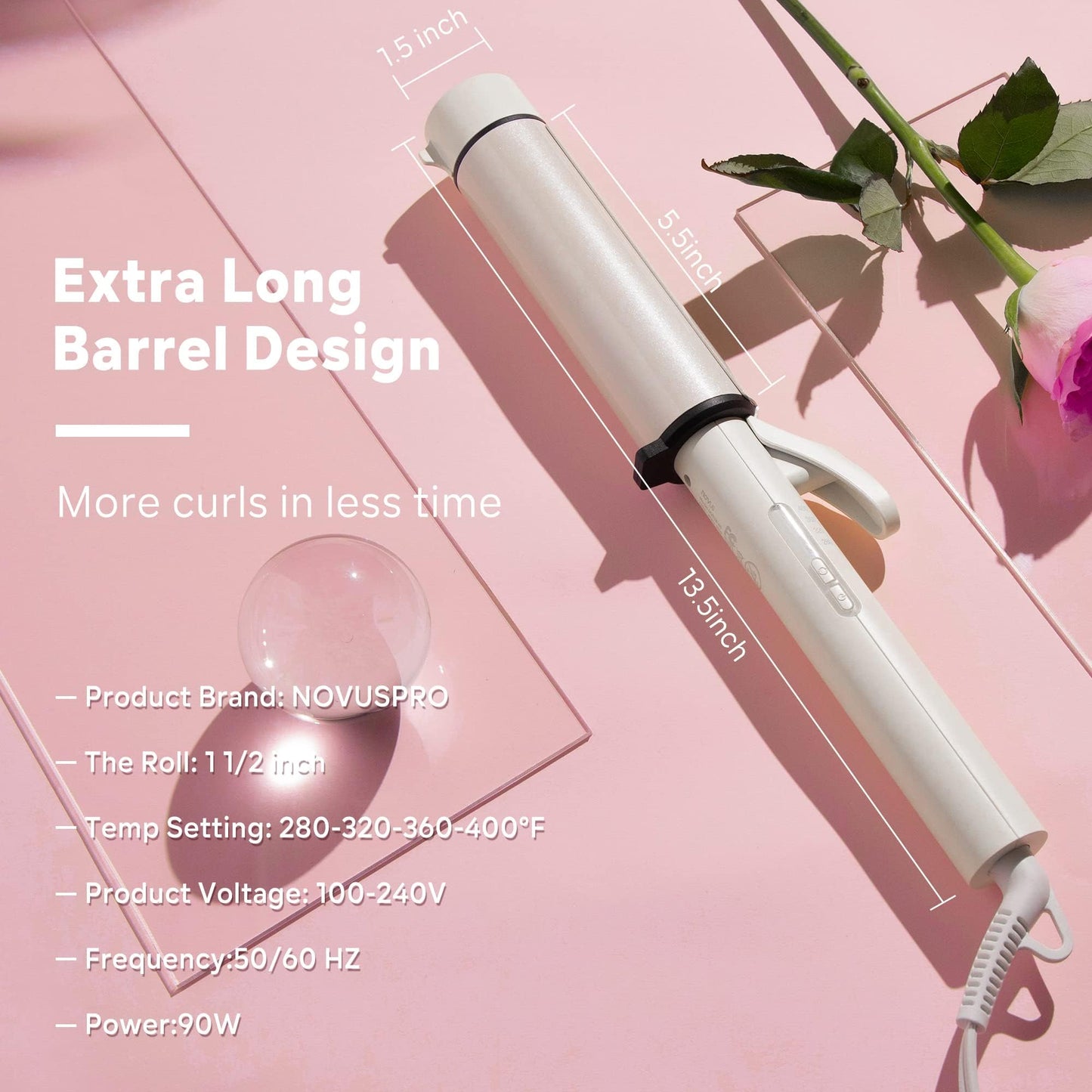 1.5 Inch Extra Large Curling Wand for Long Hair - Ceramic Tourmaline Barrel with 40000000 Negative Ions, 2 Clips & Heat-Resistant Glove
