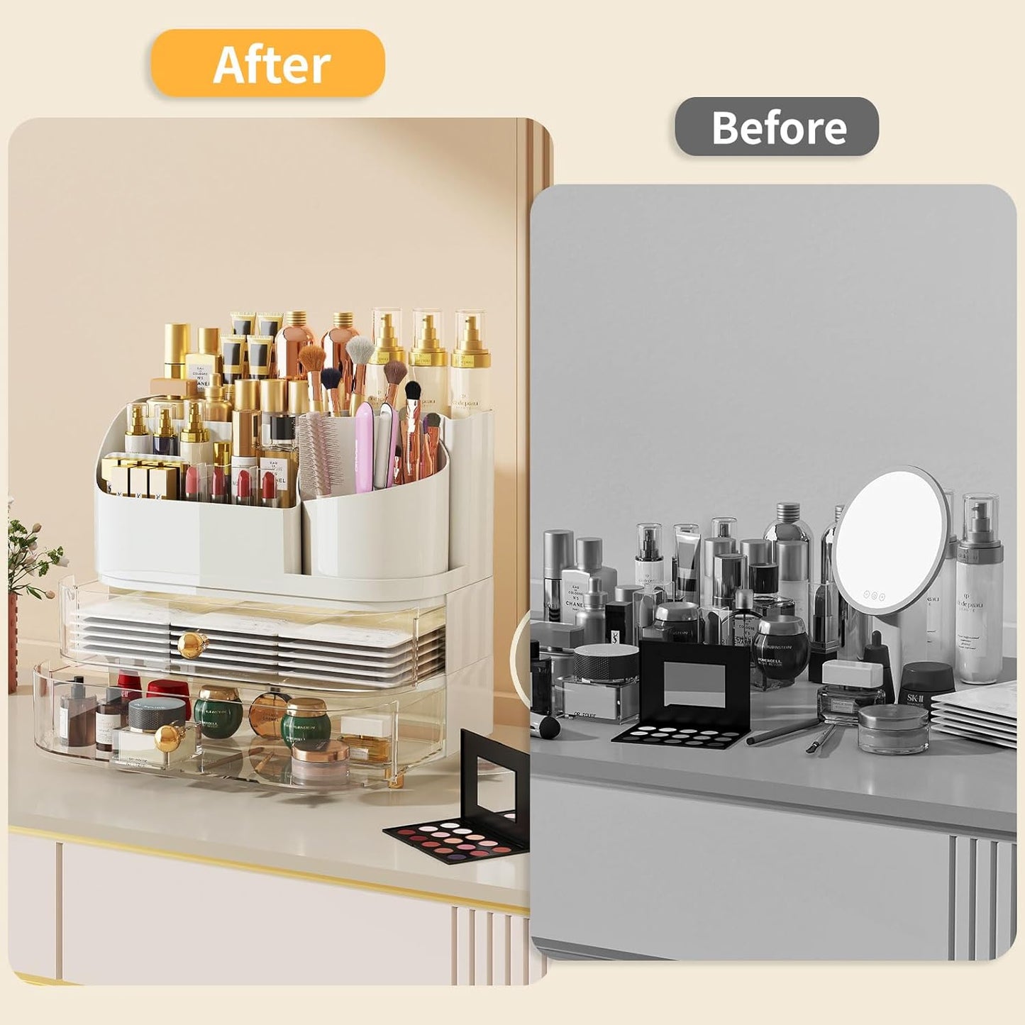 Makeup Organizer for Vanity - Large Rotating Cosmetic Organizer with Drawers | White Countertop Storage for Skincare, Perfume, Lipsticks, Nail Polish