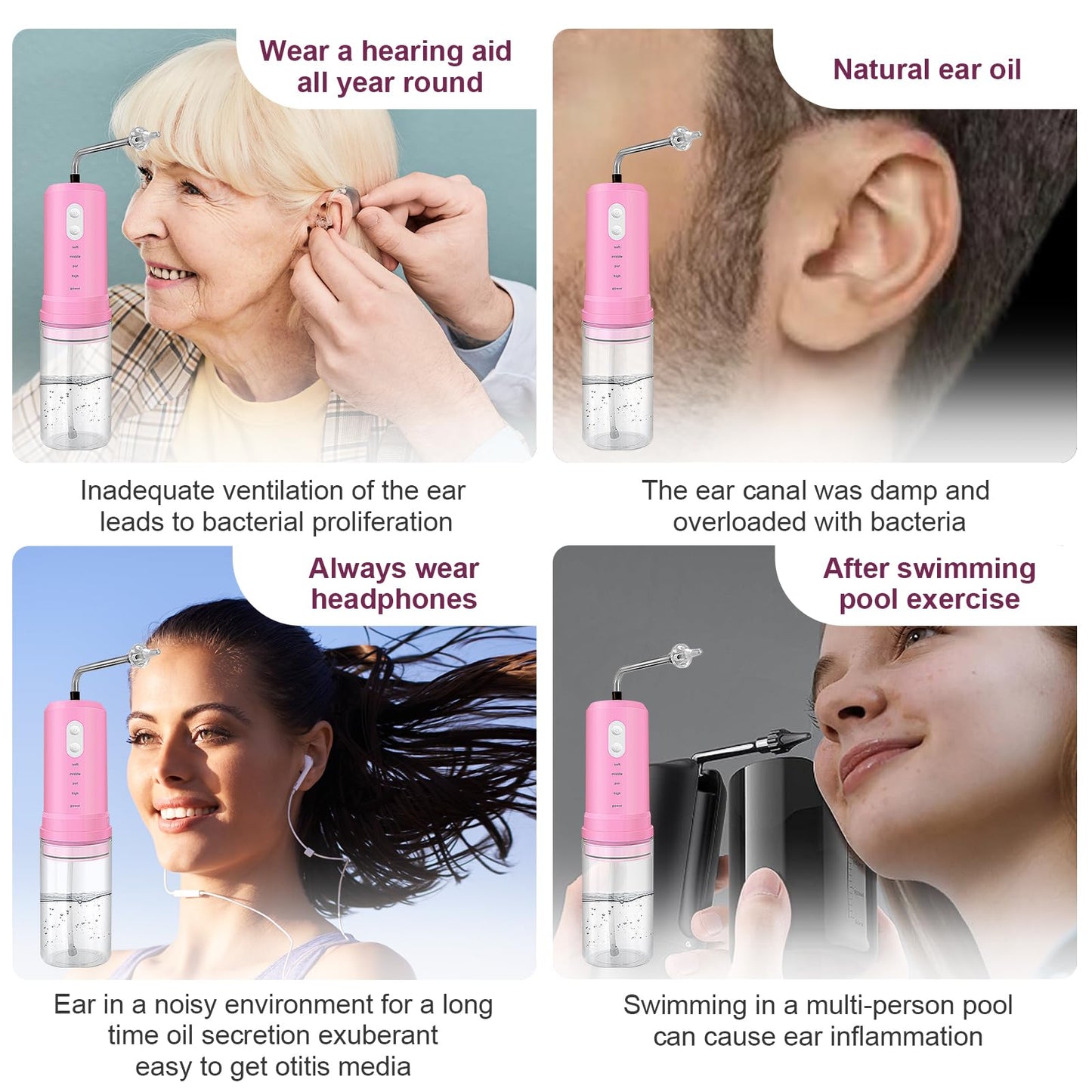 Ear Wax Removal, Electric Ear Irrigation Flushing System, Water Powered Ear Cleaner with 4 Pressure Modes, 6 Reusable Replacement Tips, Safe and Effective Ear Cleaning Tool for Adults (Pink)