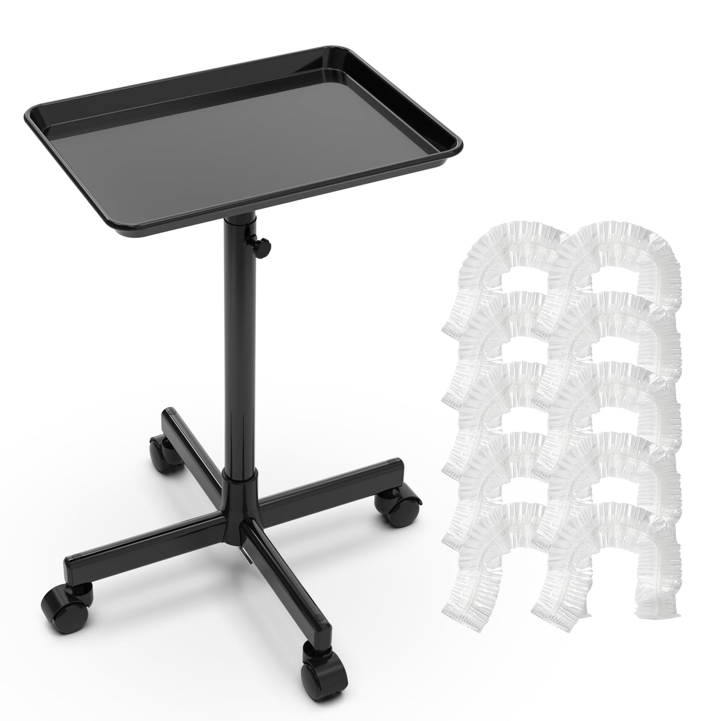 TASALON Rolling Salon Tray, Mobile Styling Station with Wheels Aluminum Rolling Tray Trolley for Salon Essentials, Adjustable Height or Hairstylist Tray with 10 PCS Disposable Salon Tray Cover