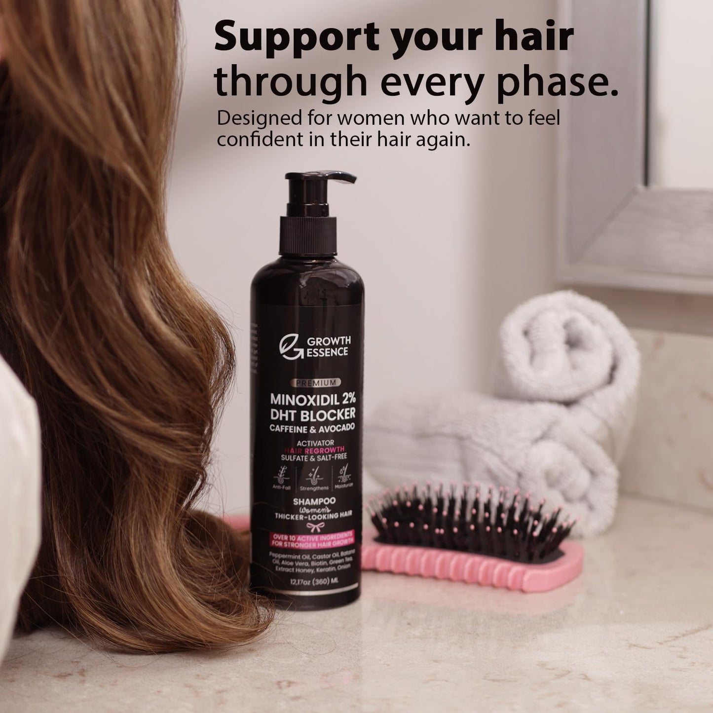 Minoxidil 2% Shampoo for Women – Growth Essence Premium, Hair Regrowth Shampoo with Biotin, Caffeine & DHT Blockers – Strengthening Formula with Keratin, Castor Oil, Green Tea & Rosemary