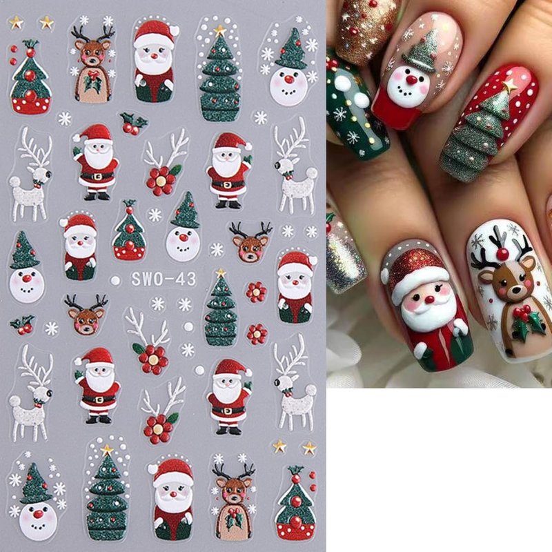 5D Embossed Christmas Nail Art Stickers - Gingerbread, Elk & Santa Designs | 8 Sheets for Holiday DIY Manicure