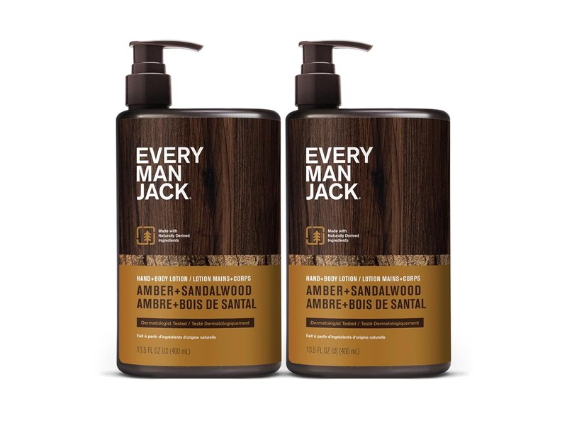 Every Man Jack Men's Amber & Sandalwood Hand & Body Lotion - Hypoallergenic, Lightweight Formula | 13.5oz (2 Pack)