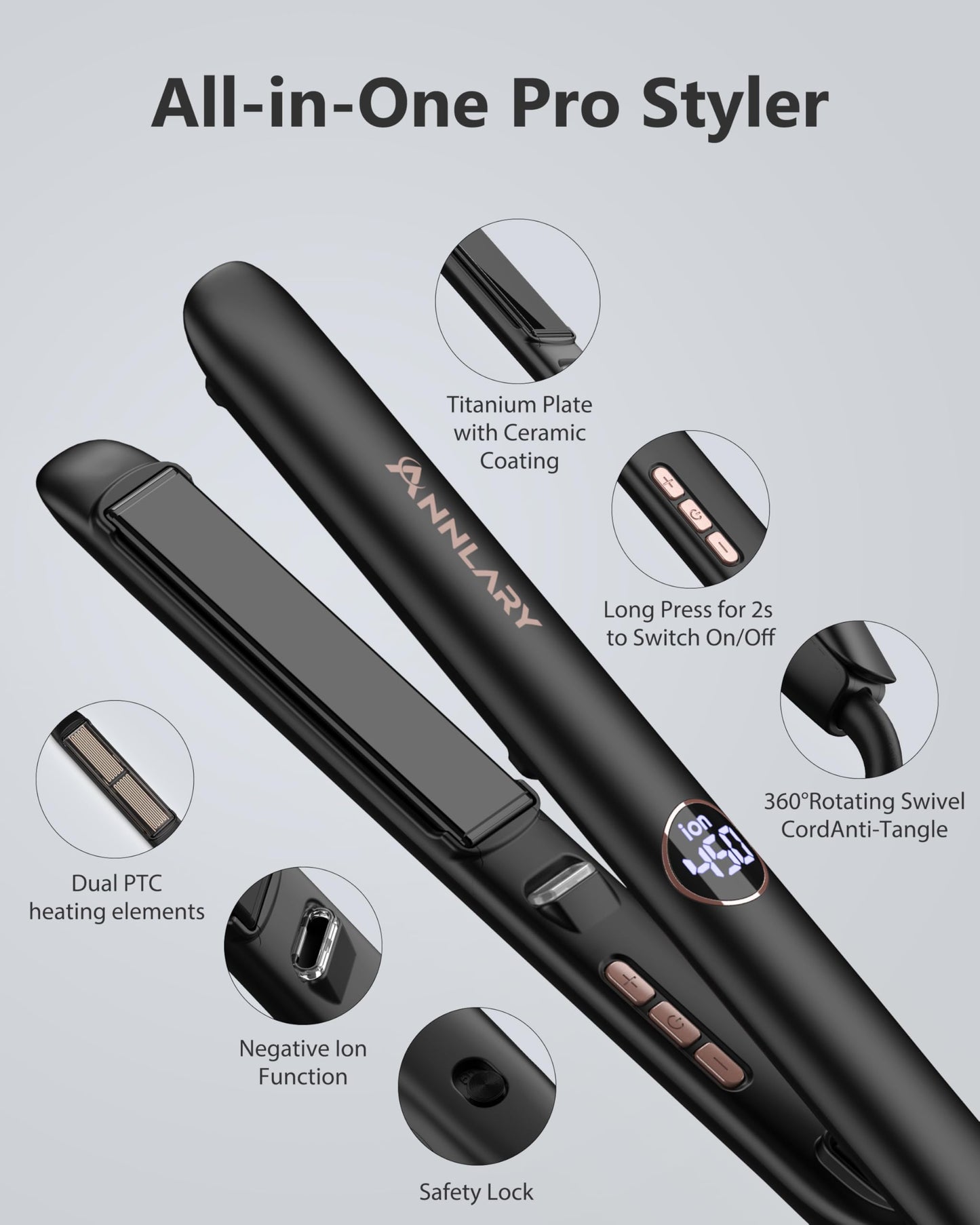 Annlary Hair Straightener, 1 Inch Flat Iron Hair Straightener and Curler 2 in 1, Professional Ceramic Ionic Dual Voltage Flat Iron with Anti-Iron Silicone for Less Frizz, Shinier & Smoother Hair