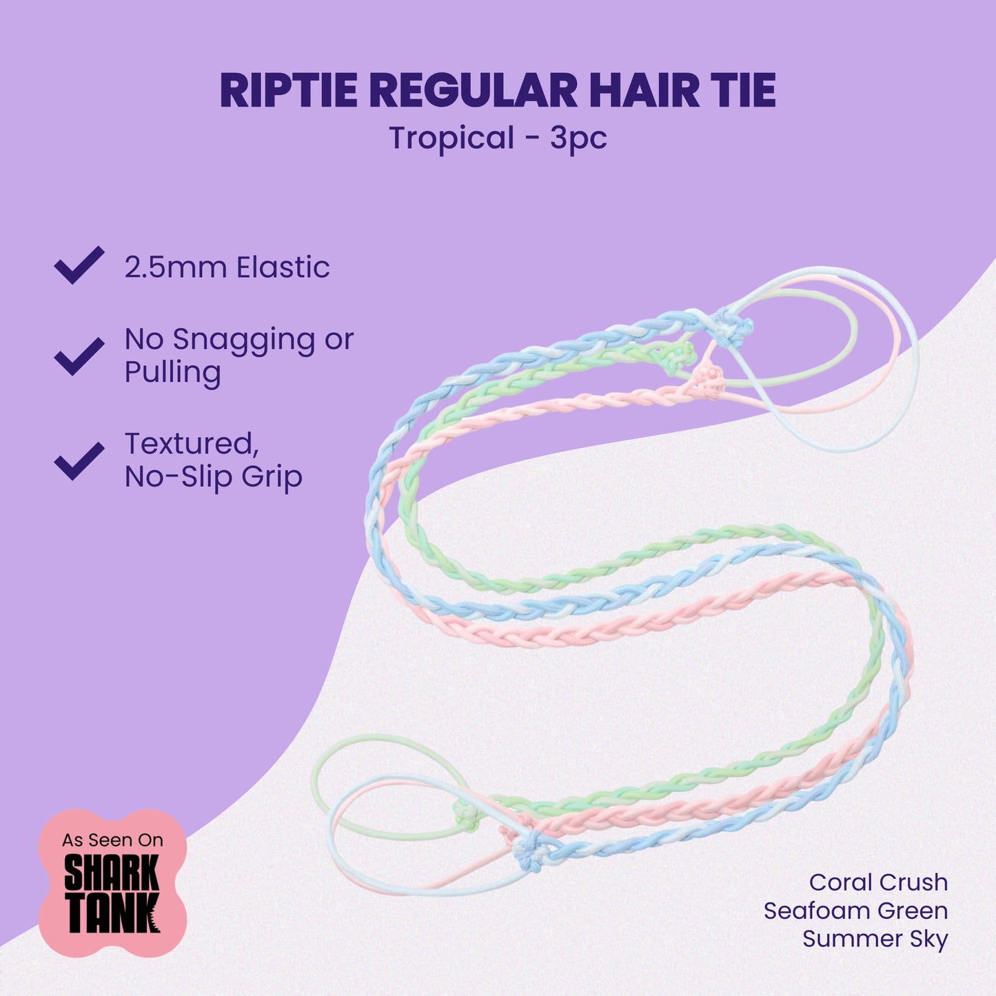 Rip Tie Regular Soft Tangle-Free Hair Tie for Women, Nylon Hair Elastic, Colorful Hair Accessory - As Seen on Shark Tank - 3 Pack Tropical