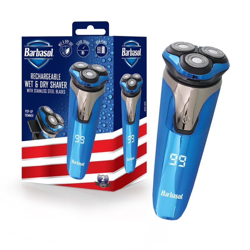 Rechargeable Electric Wet and Dry Rotary Shaver with Stainless Steel Blades, Pop Up Trimmer and LCD Screen