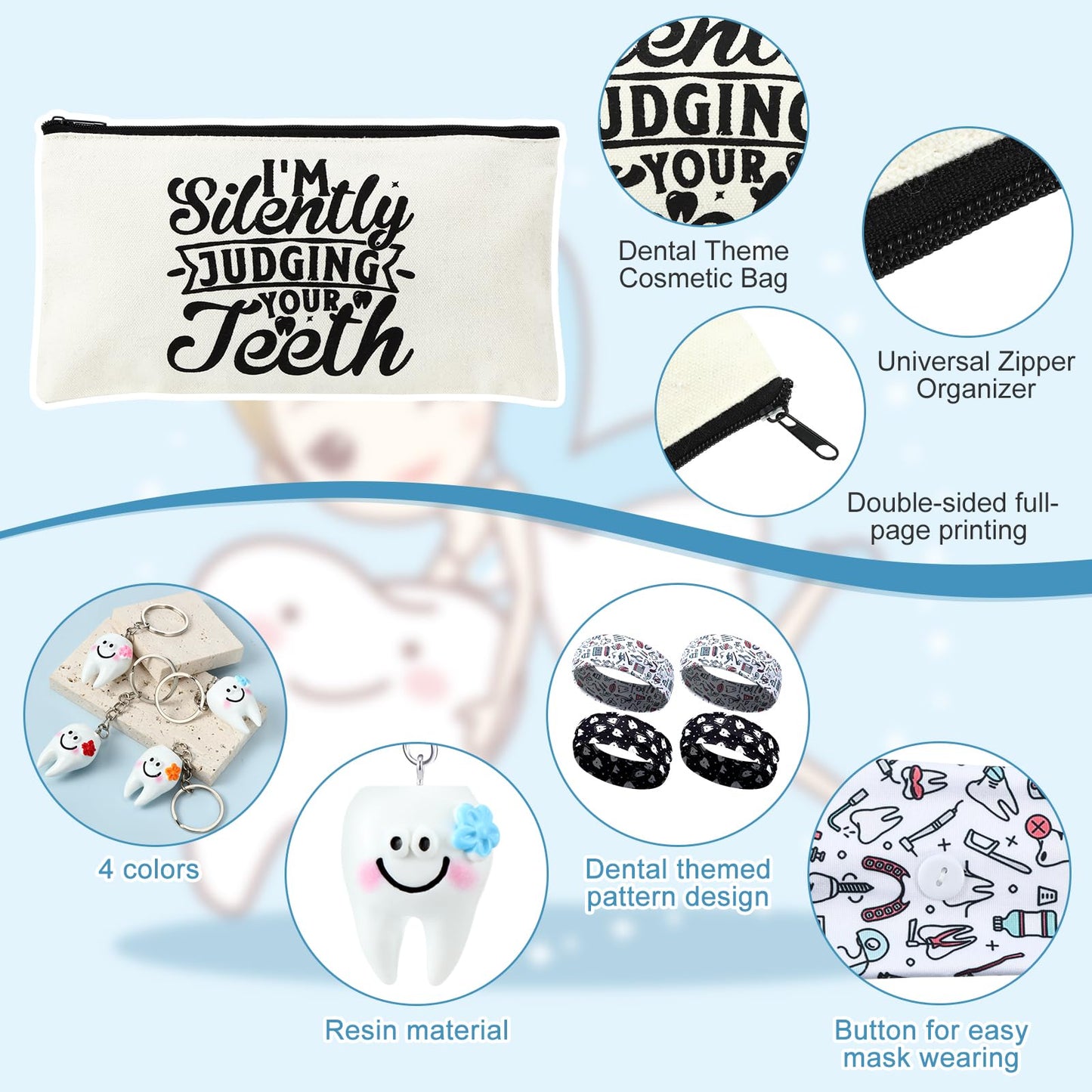 Blushtier 40 Pcs Dental Hygienist Gifts Set Dental Assistant Gift Dentist Appreciation Gifts Include Cosmetic Bags Socks Keychains Headbands Hair Ties Women Patients Dental Assistant Week Accessories