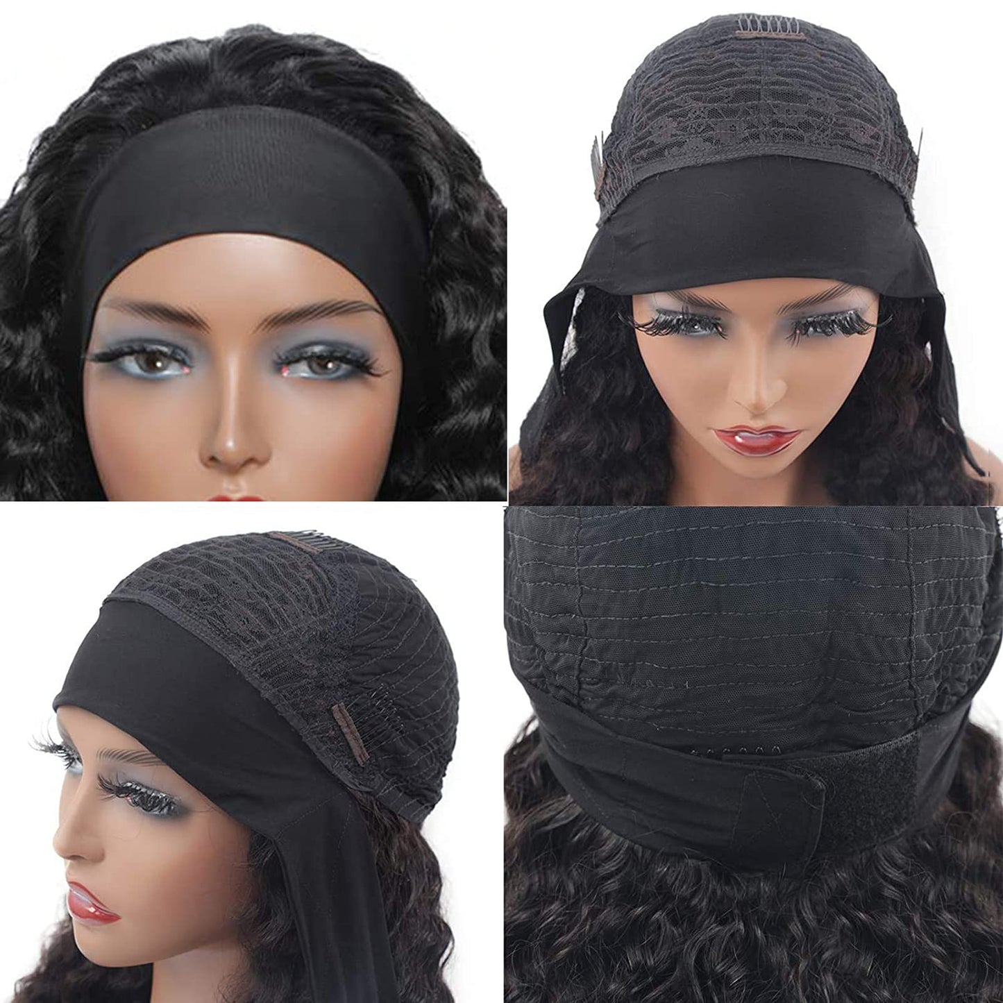 Aiterina Headband Wig Deep Wave Human Hair Virgin Hair Wigs 14 Inch None Lace Front Wigs for Black Women Deep Wave Machine Made Wig Natural Color