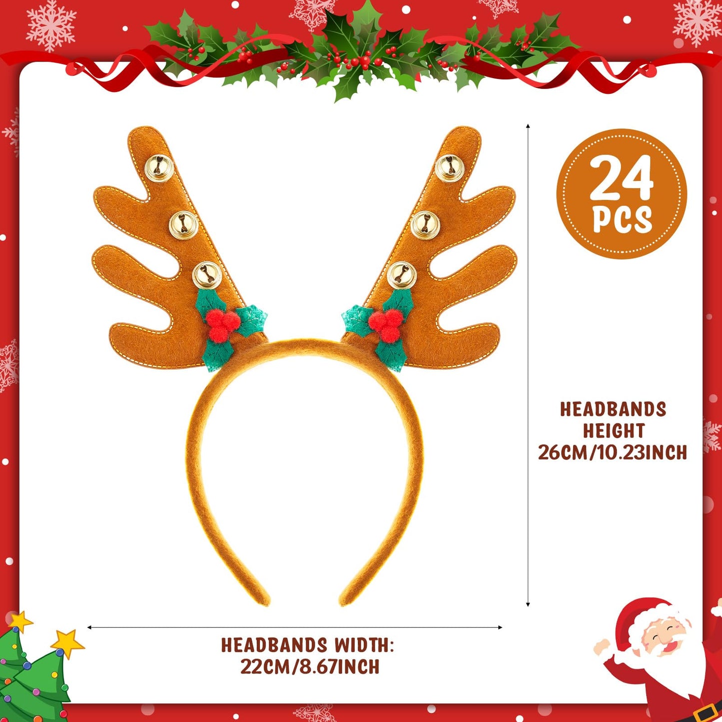 Riceshoot 24 Pcs Christmas Antler Headband Reindeer Headband Deer Plush Ear Antler Hair Hoop Beauty Accessory for Xmas Party