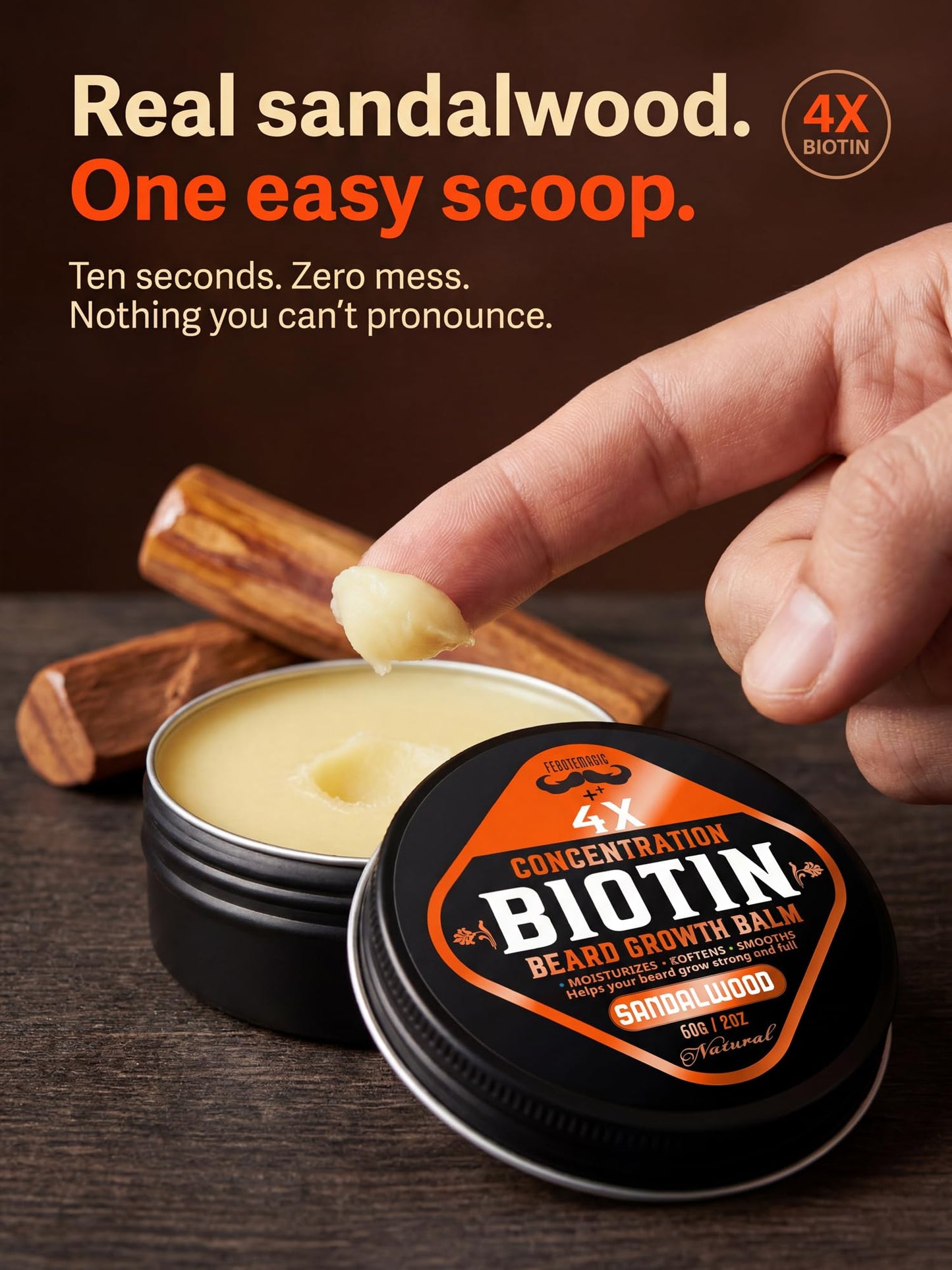 FEBOTE Biotin Beard Growth Balm for Men – Conditioning Balm with Castor, Shea & Jojoba Oils to Condition, Soften & Thicken Facial Hair – Non-Greasy, Sandalwood Scent – 2 oz Grooming Kit