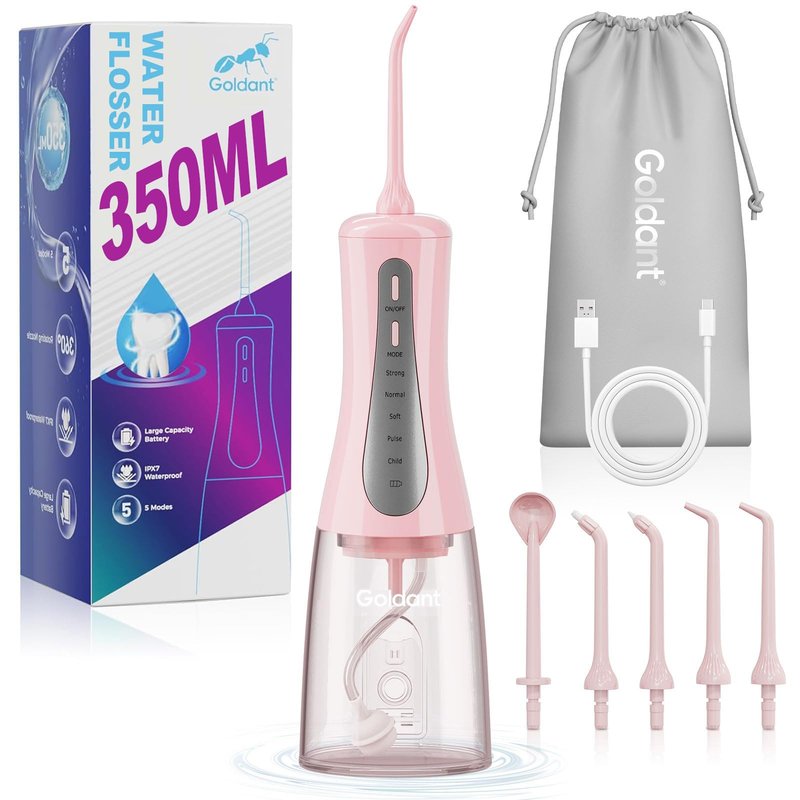 GOLDANT 2026 New 350ML Water Dental Flosser Teeth Pick with Bag, 5 Modes Portable Cordless Oral Irrigator Cleaner, Electric Rechargeable IPX7 Waterproof for Home Travel Teeth Cleaning Flossing (Pink)