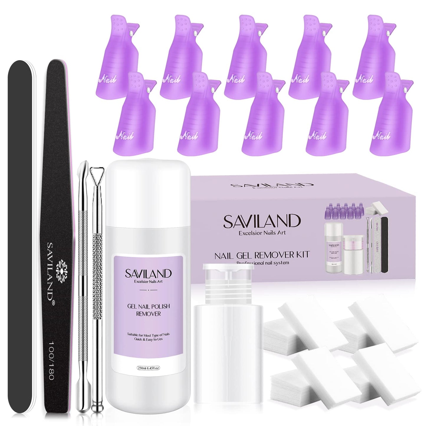 SAVILAND Gel Nail Polish Remover Kit: 250ml Nail Polish Remover with Nail Clips, Nail Tools, 500 Pcs Cotton Pad, Cuticle Pusher & Nail scraper for Gel Nails Dip Acrylic Removal Manicure Salon Home DIY