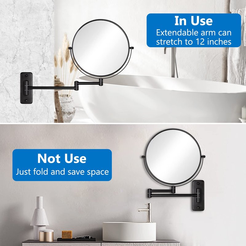 DECLUTTR 9 Inch Large Wall Mounted Makeup Mirror, 1X/10X Magnifying Mirror Double-Sided, 360° Swivel Extendable Makeup Mirror for Bathroom, Black