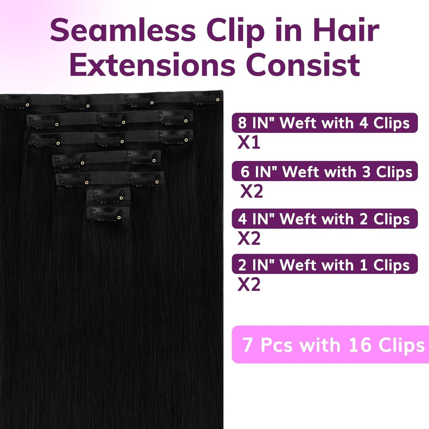 Seamless Clip-In Hair Extensions - Jet Black Real Remy Human Hair | Thick & Soft 12 Inch PU Weft for Black Women