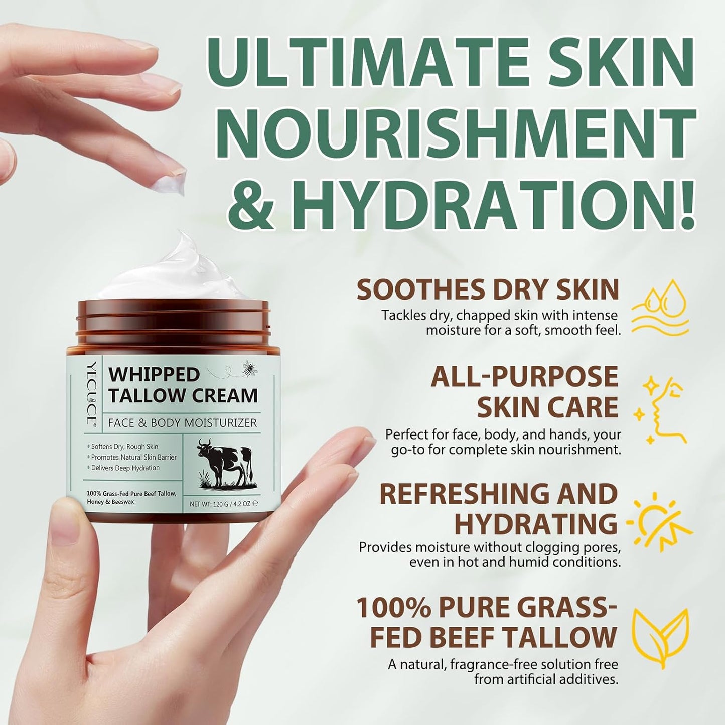 Whipped Beef Tallow Skin Face Moisturizer - Organic Grass-Fed Tallow with Honey Cream | Unscented, 2-Pack
