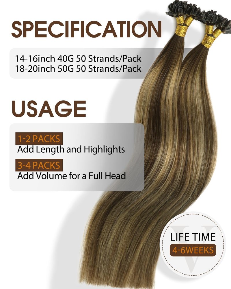 U Tip Hair Extensions - Human Hair Balayage Dark Brown & Caramel Blonde - 14 Inch, 40g, Keratin Fusion #4/27/4