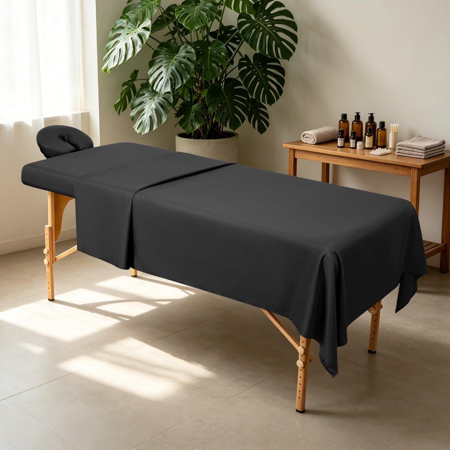 Comfyanno 3-Piece Massage Table Sheets Sets, Stain & Oil Resistant, Soft Microfiber, Quick Drying, Professional Spa Therapy Bed Sheets, Includes Flat & Fitted Sheet, Face Cradle Cover - Black