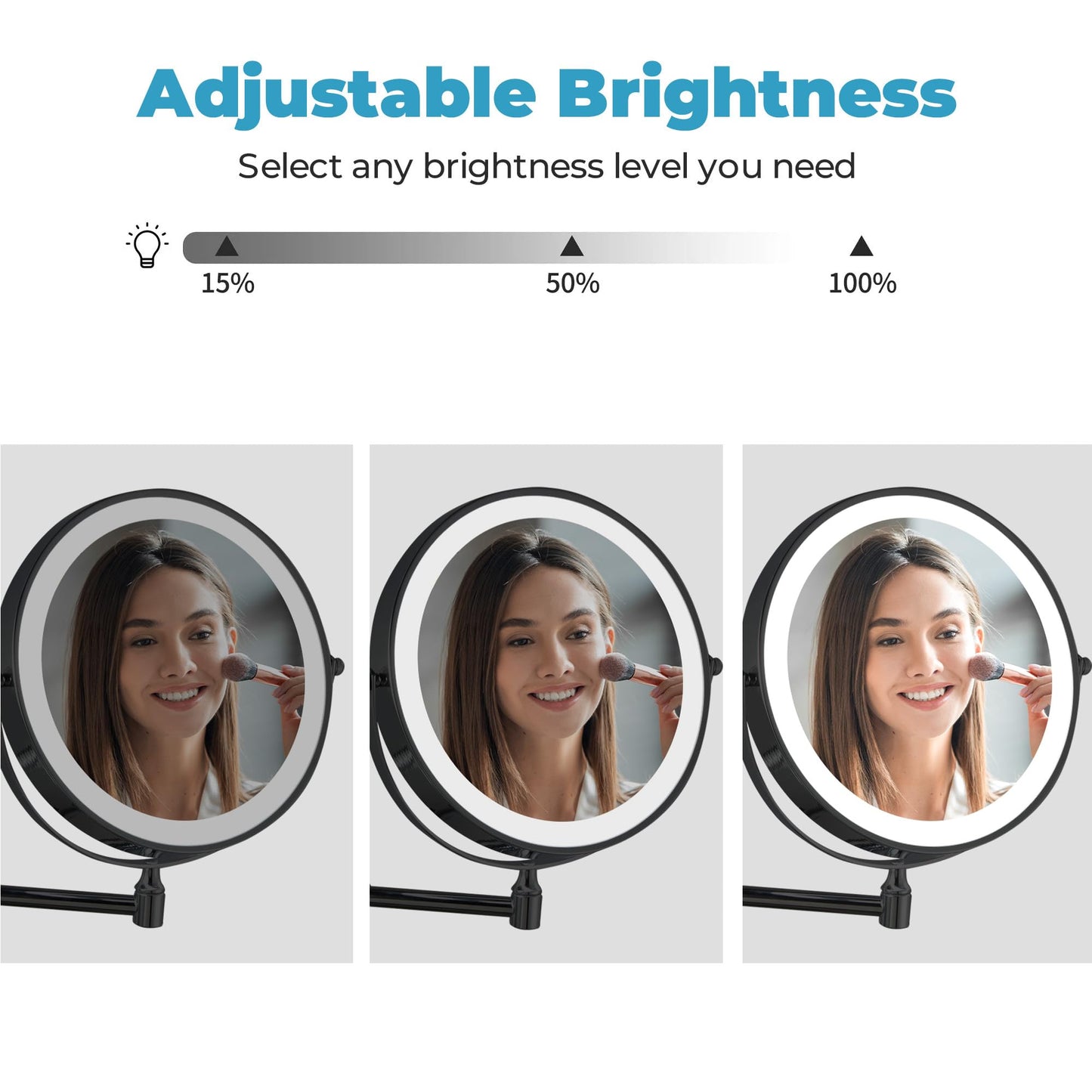 Fab Glass and Mirror 1X/10X Wall Mounted Makeup Mirror with Light, 8" Rechargeable 2000mAh Lighted Vanity, Double-Sided Magnifying Bathroom Touch Dimmable 3 Color LED 360 Rotation Foldable Arm Black