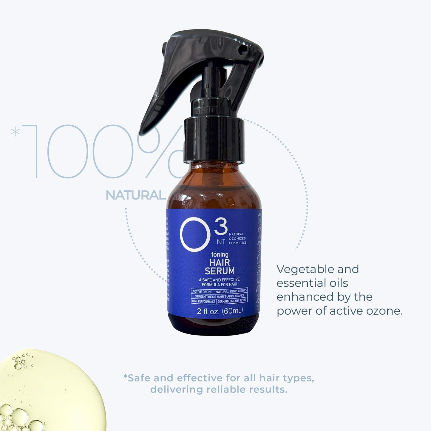 O3NT Toning Hair Serum - Active Ozone & Natural Ingredients - Shedding Reduction - Dermatologically Tested - 2.03 Fl Oz