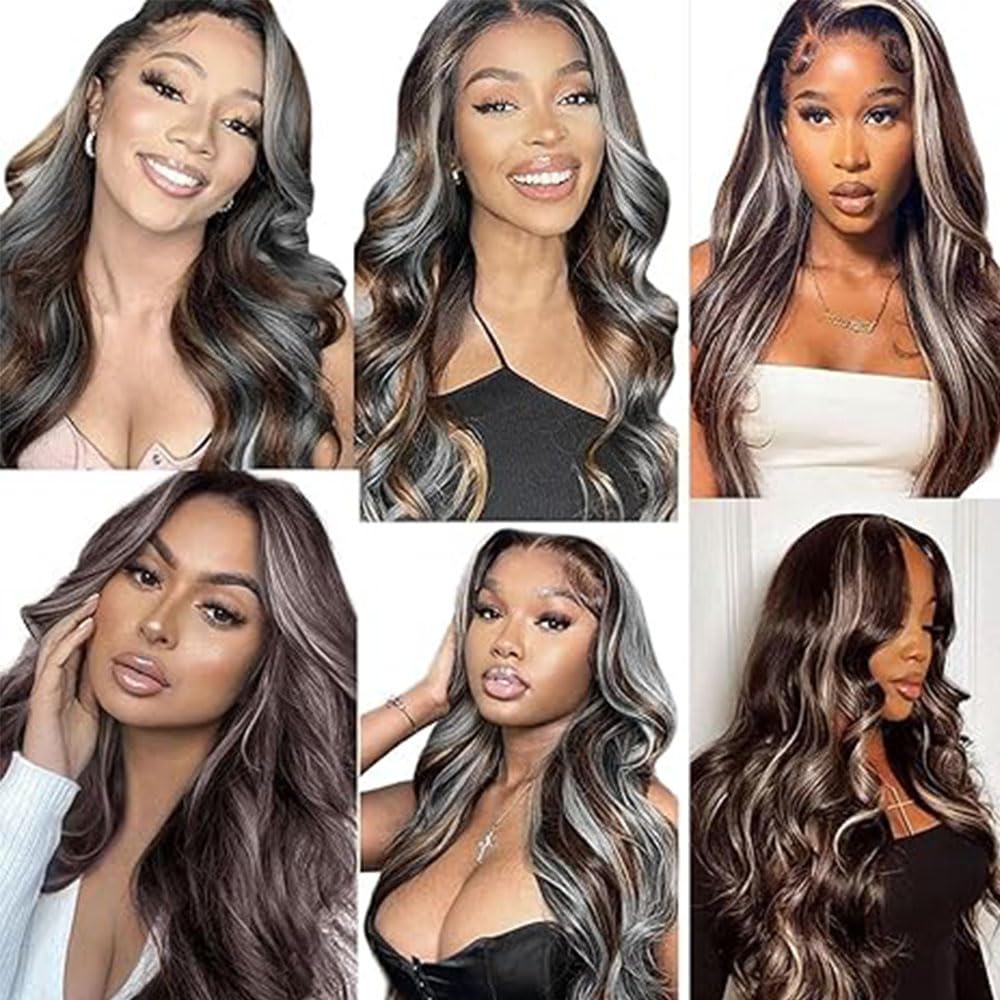 Ratheinhi Bundles Human Hair P4/GREY 12 14 16 Inch Body Wave Human Hair Bundles Highlight Chocolate mix Grey Unprocessed Brazilian Virgin Quick Weave Hair for Black Women