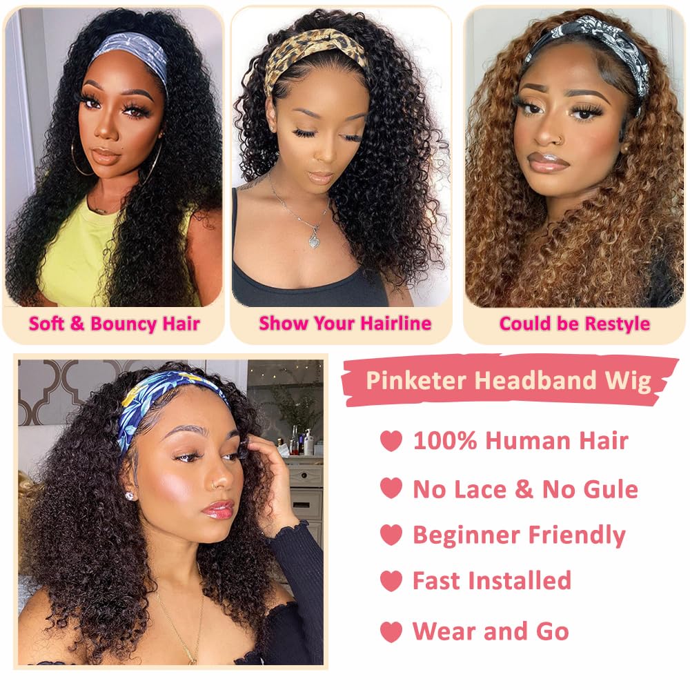 Pinketer Kinky Curly Headband Wig Human Hair 150% Density None Lace Front Glueless Wigs for Black Women 12 Inch Machine Made Half Wig Natural Black Color