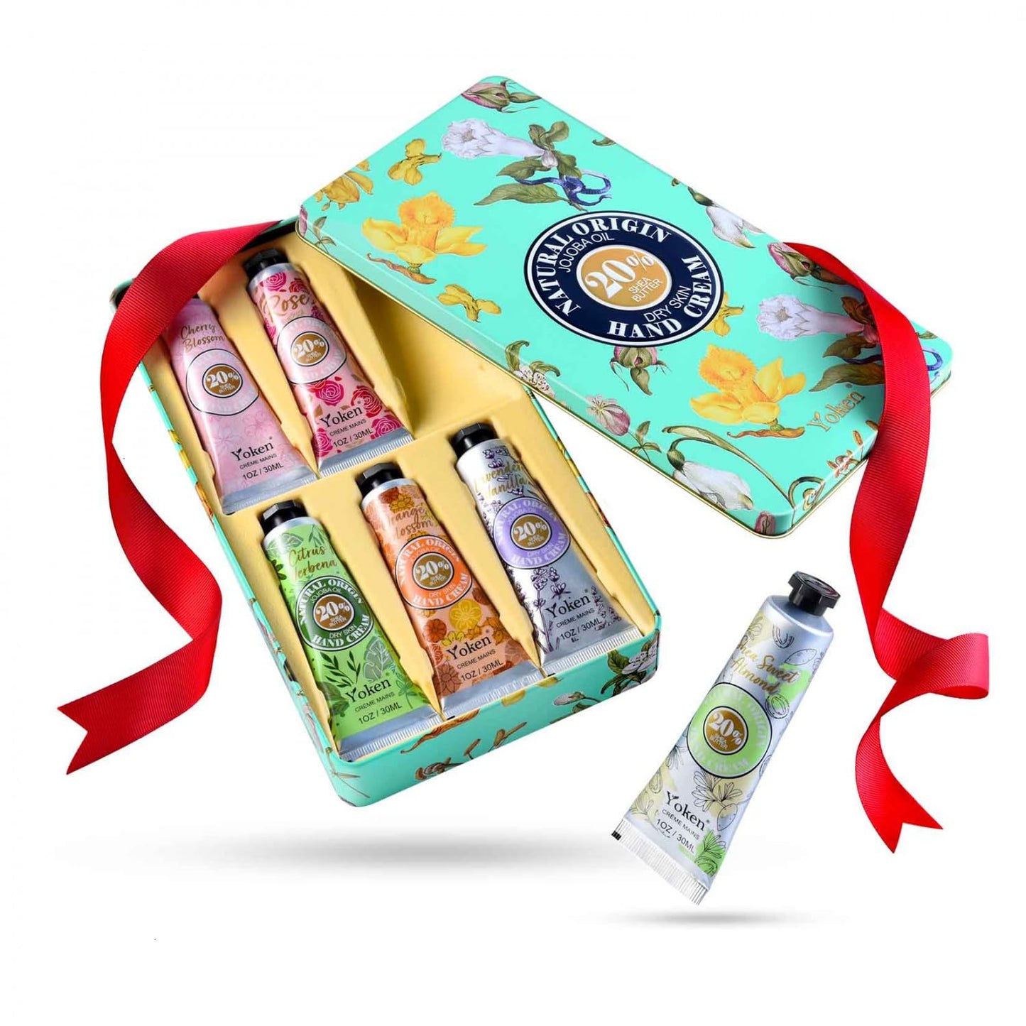 Shea Butter Hand Cream Gift Set - Instant Soothing Moisturizer for Dry Hands | 6-Piece Tin Set with Almond, Citrus Verbena & Floral Scents, 6 x 1 OZ