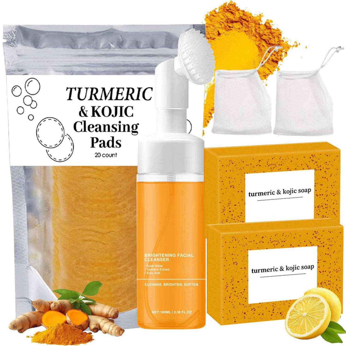 4Pcs Turmeric Wash and Care Three Piece Set,Tuemeric Facial Cleanser & Turmeric Soap Bar & Turmeric Face Scrub Pads,Face & Body Cleanser,Turmeric Cleansing Skincare Set, Deep Cleansing