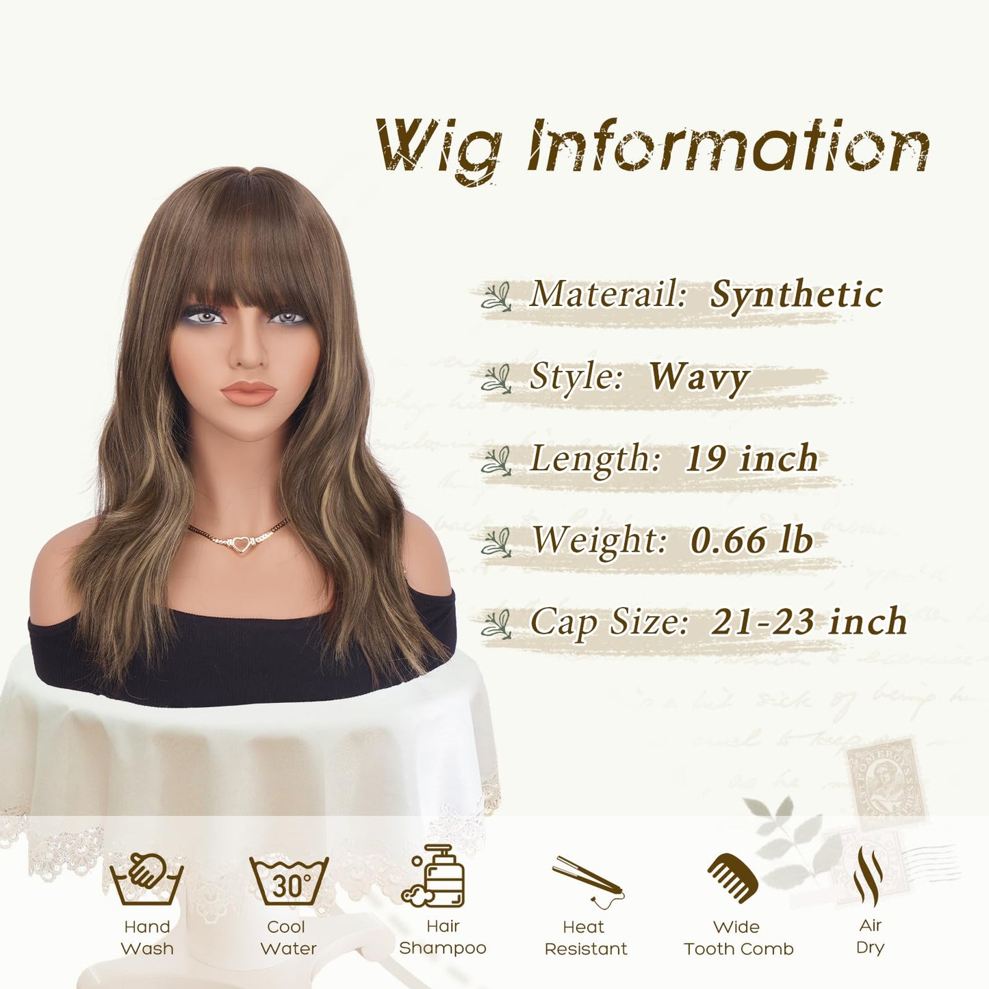 Haloo Brown Wigs with Bangs - 19 Inch Natural Wavy Synthetic Heat Resistant Medium Length Hair Wigs for Women Daily Party, Blonde Mixed Brown