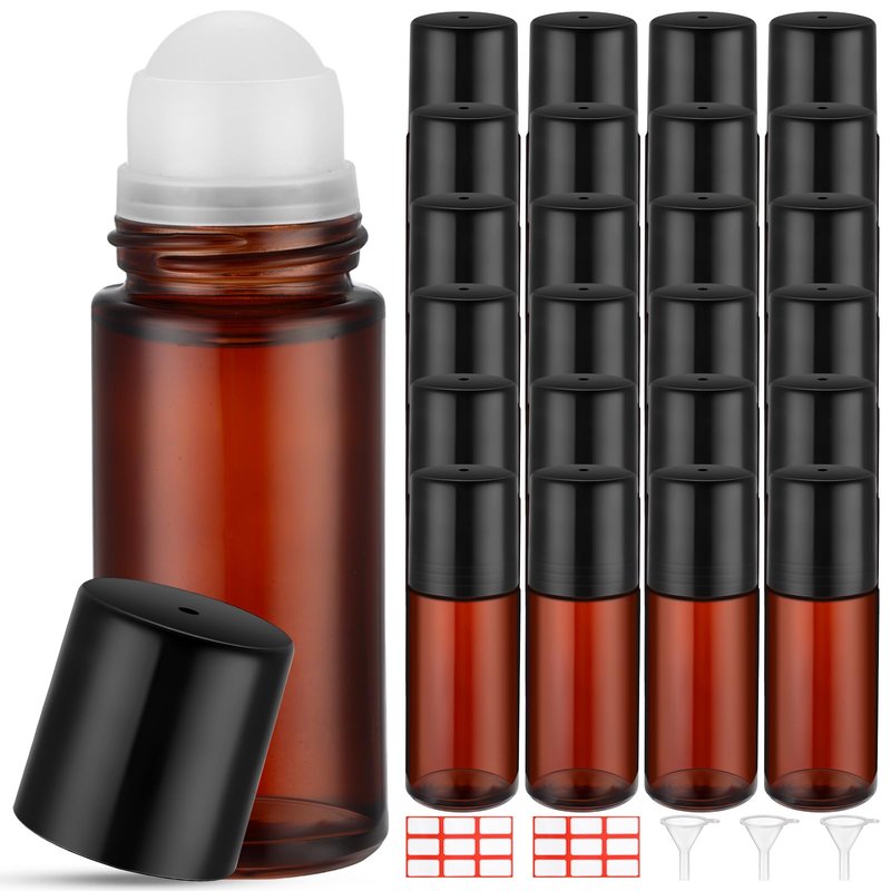 Sumind 24 Pcs Glass Roller Bottles for Essential Oil 50ml Empty Deodorant Bottle Roller Ball Container Refillable Rollerball Bottle with Plastic Balls, Funnel and Sticker (Brown)