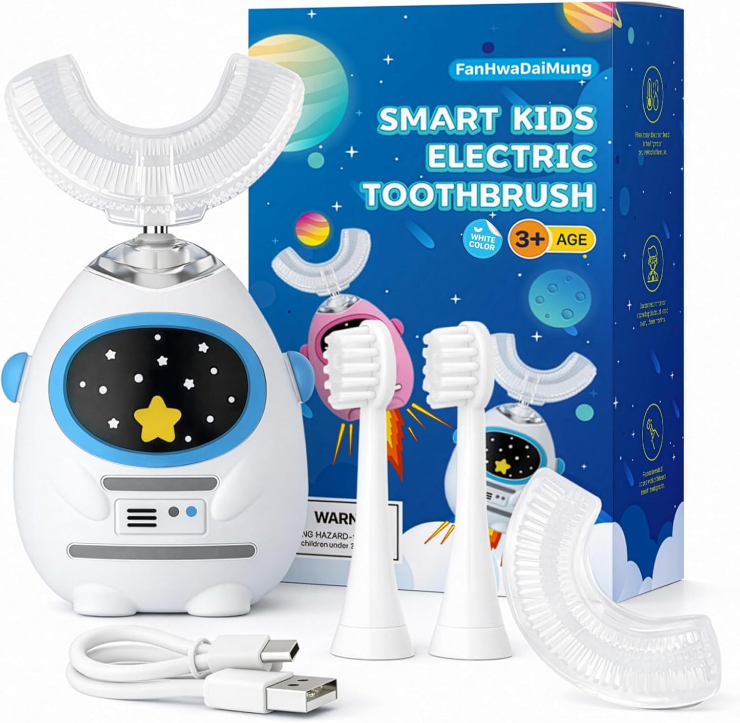 Kids U Shaped Electric Toothbrush - Music & Voice Guided, 4 Brush Heads, Rechargeable | Ages 3-7, Heroic White